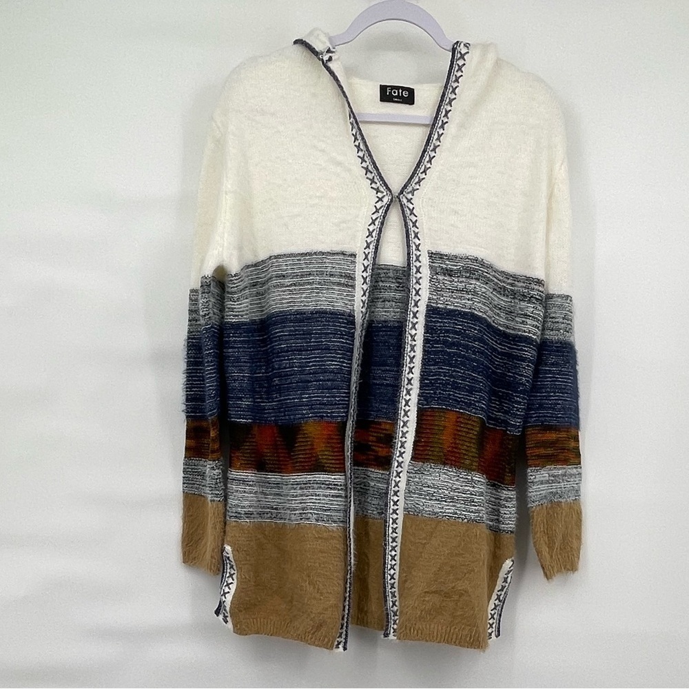 Fate NWT Dalton stitch fix hooded striped multicolor cardigan sweater